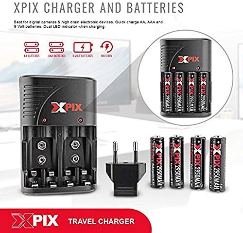 Xpix AA ултра батерии со висок капацитет со брз полнач за патувања за батерии AA, AAA & 9V 2950mAh