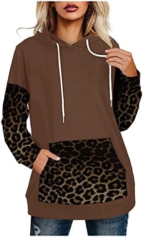 Дулкови за жени леопард отпечатоци од џемпери со долги ракави О-вратот Обичен пуловер пад на облеката Блуза со џеб