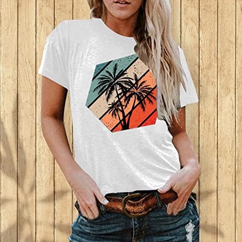 Womenените летни плажа зајдисонце од кокосови дрвја кратки ракави Добри вибрации маички маици маички врвови