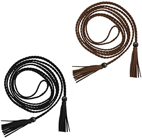 Womenенски појас на половината ПУ кожен ланец на половината/јаже со монистра со монистра гроздобер стил 57 инчи