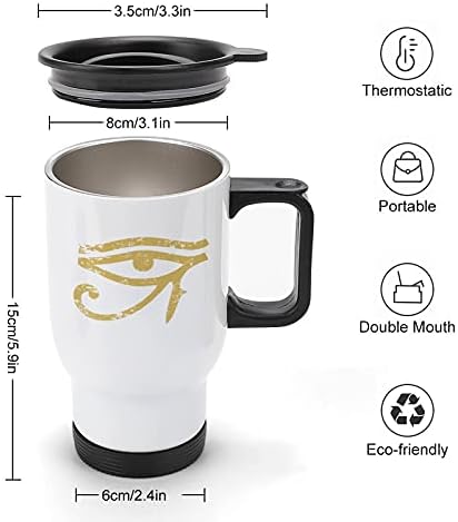 Египетско око на Хорус од не'рѓосувачки челик кафе со капаче и рачка изолирана чаша за патувања за патувања за канцелариски автомобил