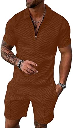 Aulemens Mens 2 Piect Zip Tracksuit со кратки ракави за печатење Поло кошула и шорцеви поставува летни облеки за мажи