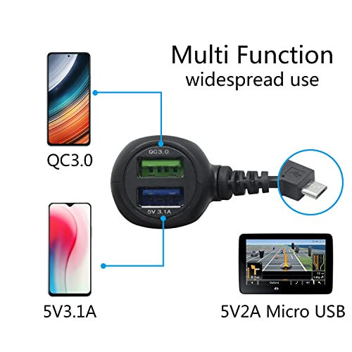 Maixbomr Dash Cam Power Cable, 90 степени лев агол 3,5m/11,48ft Micro USB кабел, со QC3.0 Брзи двојни пристаништа за напојување со USB, автомобил