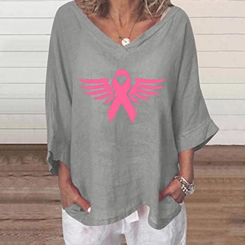 3/4 ракав кошула за подигнување на свеста за рак на дојка за жени розов ангел лента за печатење графички мета против вратот Батвинг лабава блуза