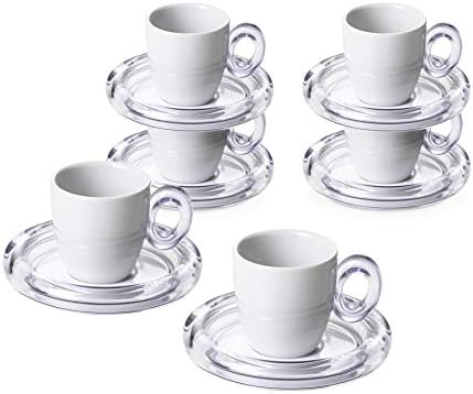 Омада Дизајн 6 кафе чаши од 3,04 fl оз секоја и обоени плочи, соодветно во порцелан и транспарентен акрилик, Кристална Линија