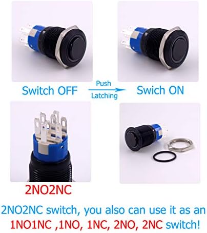 Прекинувач за копче за притискање на копчето, Urtone UR198, 2NO2NC DPDT црна метална обвивка со 24V сина LED прстен за 19мм 3/4 дупка за монтирање,