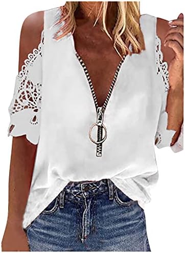 Женска поштенска маица со вратот ладно рамо за рамената чипка, облечени врвови, цврста боја лабава фит блузи 2023 летни кошули