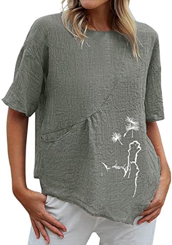 Единствени графички маици за маици за жени, печатење на екипажот на вратот, кратки ракави, памучни постелнина, блуза лето лабава