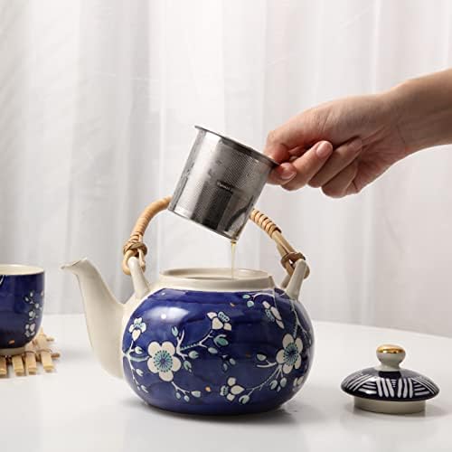 Taimei Teatime Јапонски чај сет, керамички чај сетови со чаши од чајник и чај за 4, отстранлив не'рѓосувачки инфузер, и бамбус лента,