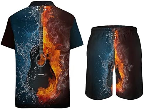 Weedkeycat Акустична гитара во оган и вода машка облека на плажа 2 парчиња хавајски копче надолу со кошула кратки ракави сетови