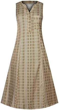 Cuteенски случајно копче V вратот на горе, карирано карирано печатење на ракави макси фустани, трендовски фустан од туника со џебови со