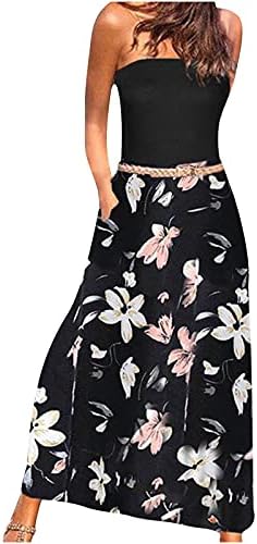 Летен фустан за жени без ретроспективно бохо цветни печатени печати обичен бохо без ракав, долг резервоар, плажа макси фустани