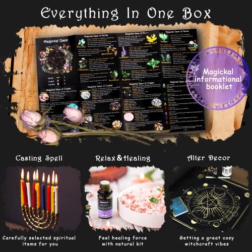 [Надградено] Снабдување со вештерки за вештерки, магии за магии, 61 парчиња wiccan материјали и алатки, вклучуваат сушена свеќа за кристали со