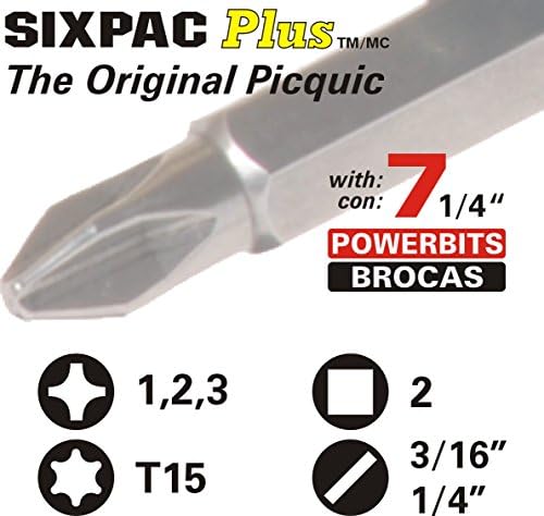 PICQUIC 48124 Sixpac со целосна големина плус мулти-битен шрафцигер со седум бита, електрично сино транспарентен