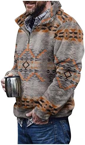 XXBR MENS Fuzzy Sherpa Plaid Aztec Pulverove за џемпер од руно јакна зимски долги ракави џемпери надвор од џеб