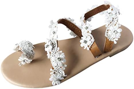 Сандали за жени облечени цветни чипка рамни сандали отворени пети обични летни плажа бохо сандали удобни римски флип флоп
