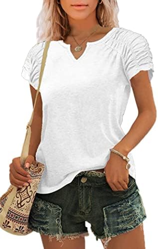 Женски летни маички кошули обични v вратот со кратки ракави маици лабави врвови се вклопуваат во блуза со цврста боја на блузи