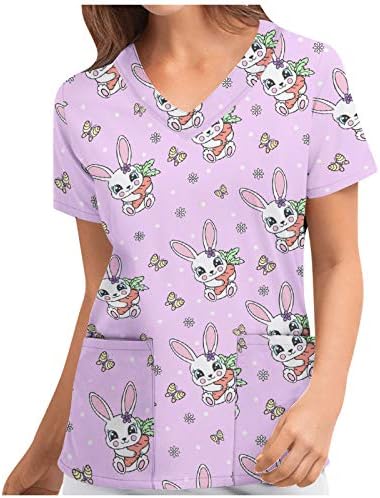Женска маица кошула животинска печатена работна облека за жени V-вратот симпатична животинска чистачка маичка плус големина со џебови