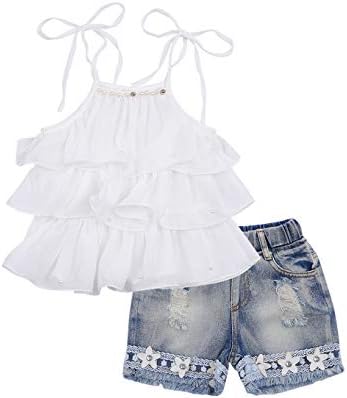 Облека за летни облеки за бебиња за бебиња од мали деца тргнаа со бела чипка на врвови од кошула Деним шорцеви/долги панталони искинати