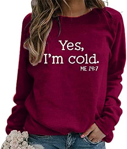 Hgccgdu да, јас сум ладен мене 24: 7 женски џемпери на женски случајни долги ракави солиден блок во боја Raglan Crewneck XMAS Fall Pullover Tops