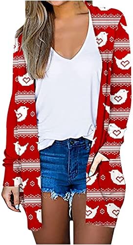 Жените Секојдневен Божиќ Печатење Јакна Плете Мода Долги Ракави Кардиган Отворен Предна Средна Должина Палто Џемпер