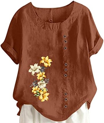 Womenените памучни постелнини врвови плус големина Краток ракав екипаж, цветни печатени маички кошули лето лабаво копче надолу надолу