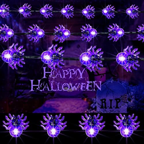 32ft Purple Spider Spider Halloween Lights приклучоци, 70 LED водоотпорни жици на вештерките за затворен декор на отворено, 8 режими Спајдерни