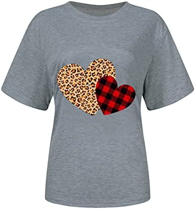 Womenените кошули за Денот на вineубените леопард карирани срцеви печатени врвови маица кратки ракави екипаж врат празнични обични блузи
