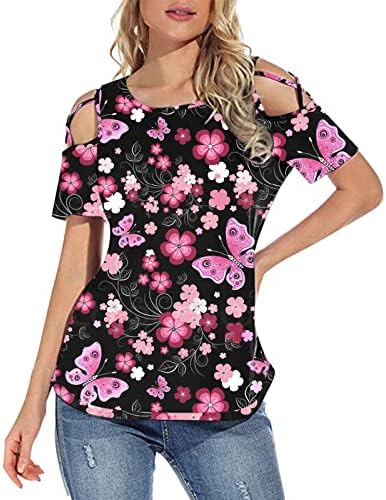 Womenените со кратки ракави врвови летни страшни ладно рамо маица мода цветно печатење на обичен блуза од блуза Топ