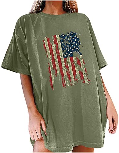 Кошули за 4 јули за жени изгубени секојдневно преголемо американско знаме печатено о-вратот со кратки ракави маички за маички врвови