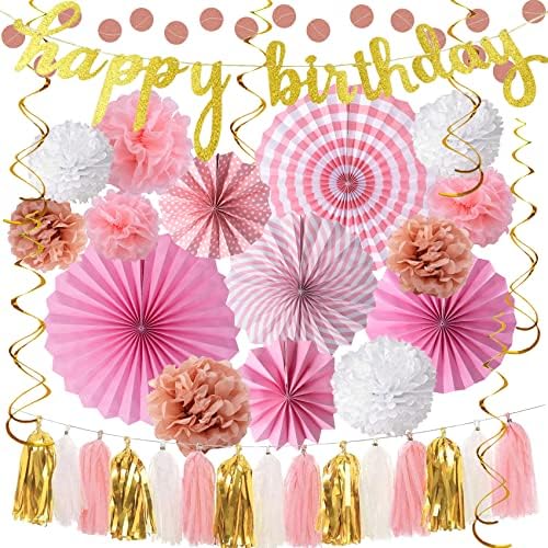 Huryfox розови забави украси, роденденски украси за украси за жени и мажи fiesta виножито шарени вентилатори хартија цвеќиња ткиво пом