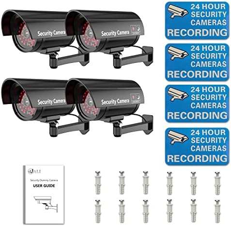 Wali Bullet Dummy Fake Supverance Security CCTV Dome Camera Indoor Outdoor со 30 осветлувачки LED светло и безбедносни решенија за налепници, 4 пакувања, црно