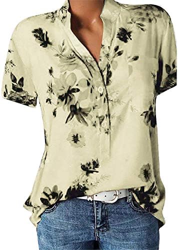 Andongnywell женски кратки ракави летни v вратот Цветни печатени врвови, лекови лабави кошули со блуза од руф