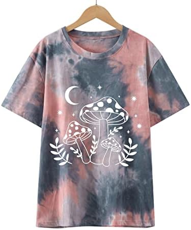Врзаи кошули за боја за жени кратки ракави екипаж вратот Месечина печурка Цветен принт опуштено вклопување блузи маички тинејџерки 2023 година