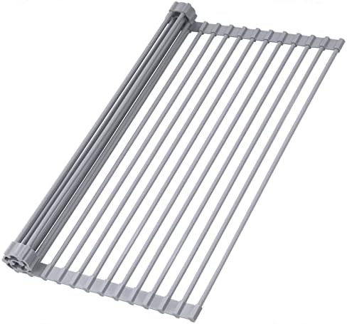 Tomorotec Roll up Rack Rack за сушење - повеќенаменска, испуштена не'рѓосувачки челик со силиконски решетки против лизгање и преклопен дизајн за мијалник или бројач