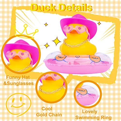Mumyer Yellow Duck Arnaments Guber Duck Car Dashboard Decorations со loveубовни очила мини пливање прстен Сонцето капа ѓердан за