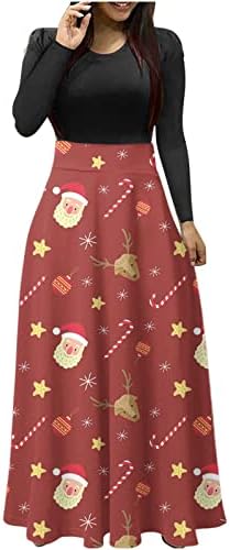 2022 жени со високи фустани на половината Божиќно печатено крпеница со долг ракав Обичен лабав удобен елегантен замав фустан