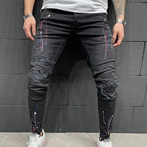 Машки искинати тенок фит печатен фармерки потресени уништени хип -хоп тексас панталони слаби истегни мото -панталони