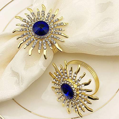 QTKJ сет од 6 прстени од салфетка од сончоглед сини кристални салфетки држачи за свадба, забави, вечери, Божиќ, празници
