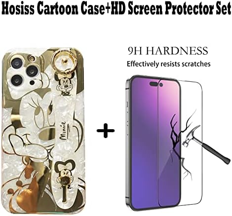Hosiss Цртан Филм Случај за iPhone 14 Pro max 6.7 СО HD Екран Заштитник, Мини Маус Со Рачен Ремен Kickstand Метален Синџир Лента Мека