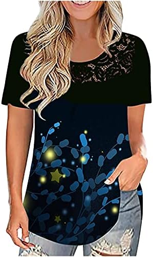 Женски чипка на врвот на вратот О-вратот, печатени маички, цветни графички маици лето летово опремена блуза мек пуловер