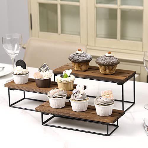 Mygift Rustic Burnt Cold Tood и Black Metal Wire Rectangular 3 Tiered Dessert Display Riser Cupcake Stands, сет од 3