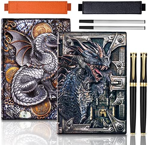 Feidiao 2-пакет Змеј врежана кожна тетратка DND тетратка за патувања со 2 пенкало со топка, 2 полнеж, 2 ракави за пенкало.А5 Journalурнал,