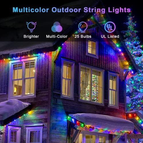 Зуске Божиќни светла на отворено обоени жици, светла со повеќе болни светла со 25 LED светилки водоотпорни расипувачки патио светла за градинарски