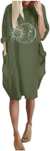 Womenенски лесен лабав туника фустан со долг ракав o врат графички кошула фустани врвови со џебови со џебови