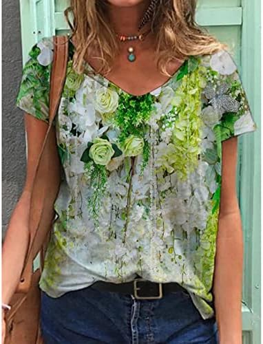 Женска блуза есен лето 2023 година со кратки ракави памук V вратот цветна графичка лабава маичка за блузи за дами y1