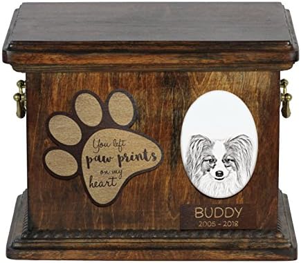 Уметност Куче Оод. Папилон, урна за кучешка пепел со керамичка плоча и опис