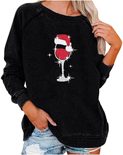 Narhbrg жени Божиќни врвови смешно вино за вино печатено маици со долги ракави пулвер обичен екипаж џемпер на удобно качулка врвот на