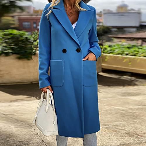 Женски ров палто Елегантна цврста боја со средна должина згуснета топла волна мешавина јакна со двојно грашок од грашок од грашок