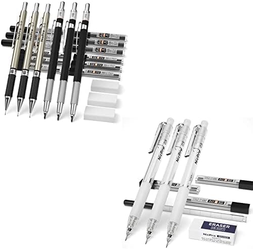 NICPRO 9 PCS ART MECHANICICE MENCILS Set, Metal & Clear PoliCarbonate Drafting Pencil 0,5 mm & 0,7 mm & 0,9 mm & 3 парчиња 2мм графит држач